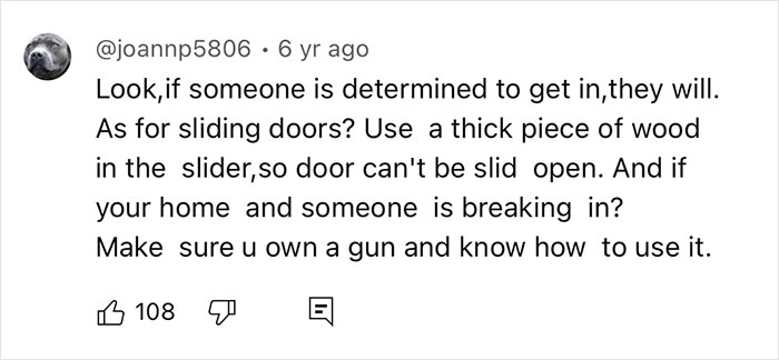 Comment offering home protection tips from ex-burglars, emphasizing door security and self-defense. Comment offering home protection tips from ex-burglars, emphasizing door security and self-defense.