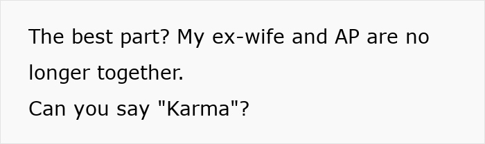 Text about karma and ex-partners' relationships ending unexpectedly. Text about karma and ex-partners' relationships ending unexpectedly.