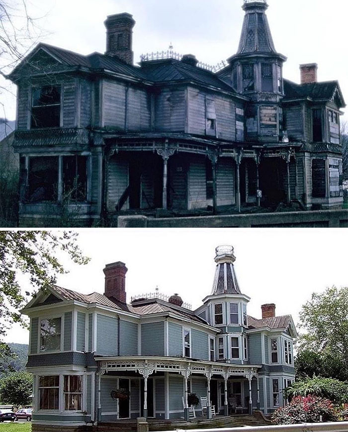 "Abandoned mansion transformed beautifully over time, showcasing before and after restoration images."