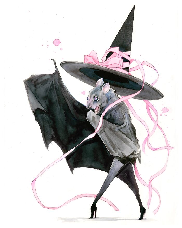 Dream-like painting of a bat wearing a witch hat and high heels with pink ribbons.
