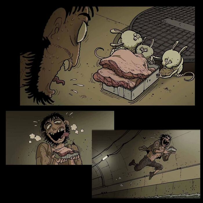 Man in a tunnel eagerly grabbing strange meat from tiny creatures, illustrating a chilling DarkBox Comics scene. Man in a tunnel eagerly grabbing strange meat from tiny creatures, illustrating a chilling DarkBox Comics scene.