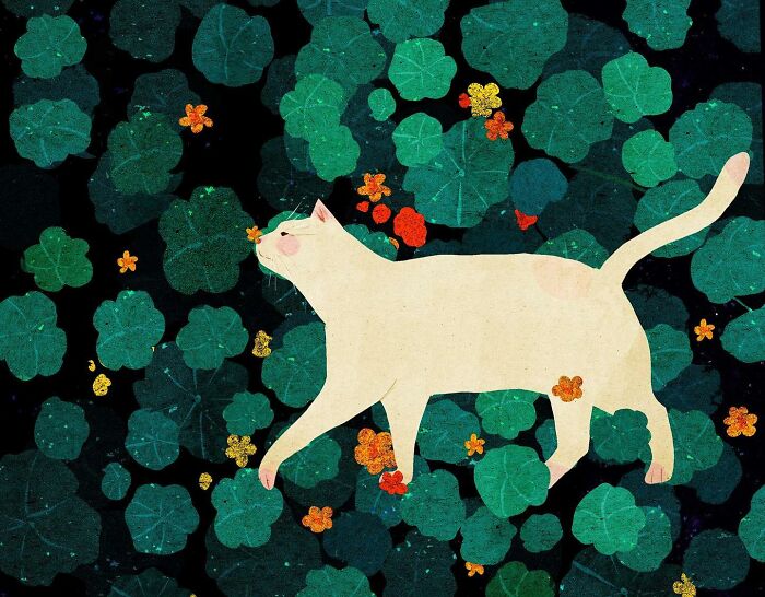 Serene illustration of a white cat walking among green leaves and orange flowers, conveying solitude by Vietnamese artist.