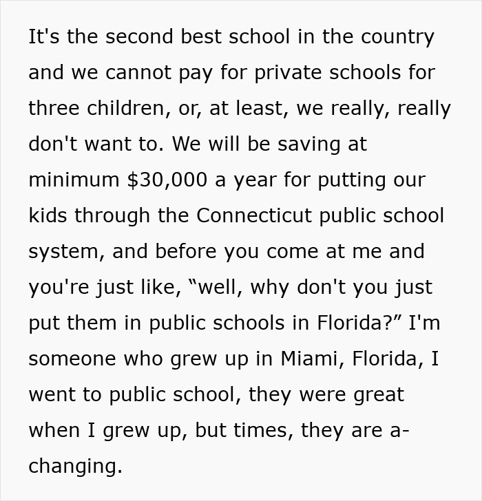 Text discussing reasons for moving to a blue state, citing educational and financial benefits in Connecticut. Text discussing reasons for moving to a blue state, citing educational and financial benefits in Connecticut.