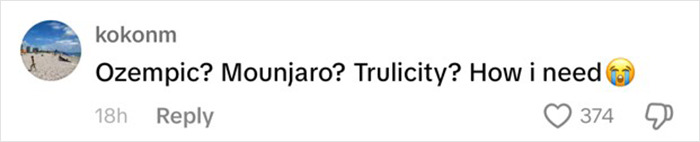 Comment mentioning Ozempic, Mounjaro, Trulicity with crying emoji and engagement icons. Comment mentioning Ozempic, Mounjaro, Trulicity with crying emoji and engagement icons.