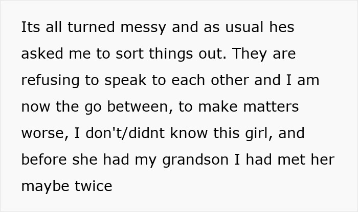 Text about being the go-between in a messy family situation involving a grandson. Text about being the go-between in a messy family situation involving a grandson.