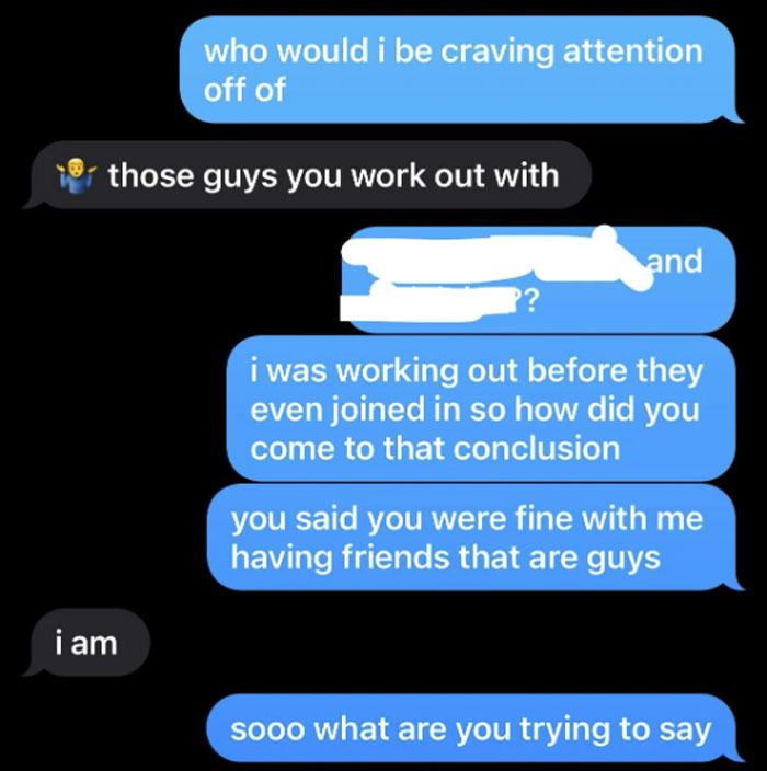 Text exchange about gym workouts causing relationship tension. Text exchange about gym workouts causing relationship tension.