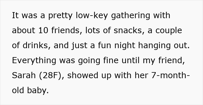 Friend's gathering disrupted by baby crying. Friend's gathering disrupted by baby crying.