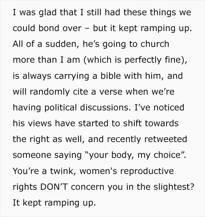 Text of a person's experience with a partner's increased church attendance affecting gay marriage views. Text of a person's experience with a partner's increased church attendance affecting gay marriage views.