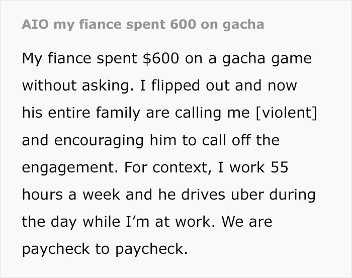 Man and mom gaslight woman after losing $600 in gacha game, calling her controlling for being upset. Man and mom gaslight woman after losing $600 in gacha game, calling her controlling for being upset.