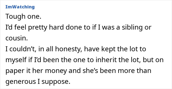 Text conversation about a woman's massive fortune, discussing fairness and inheritance impacts on family. Text conversation about a woman's massive fortune, discussing fairness and inheritance impacts on family.