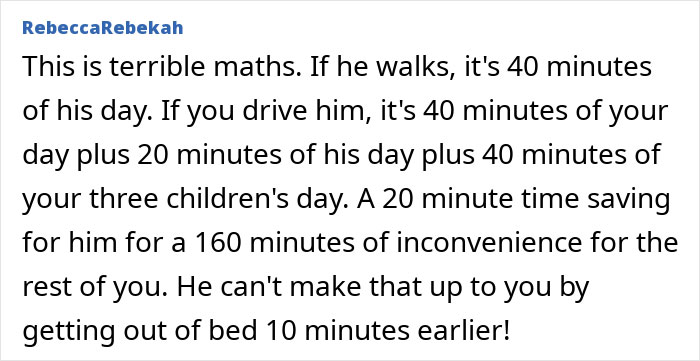 Text discussing husband's demand for daily rides to work, highlighting time management and family inconvenience. Text discussing husband's demand for daily rides to work, highlighting time management and family inconvenience.