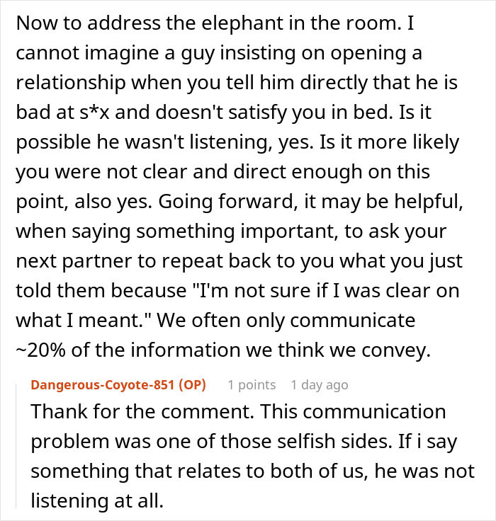 Reddit comment discusses opening a relationship; partner's dissatisfaction and miscommunication highlighted. Reddit comment discusses opening a relationship; partner's dissatisfaction and miscommunication highlighted.