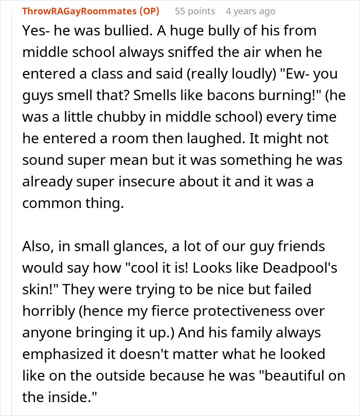 Image showing text about bullying, insecurities, and burn scars, with references to being "beautiful on the inside. Image showing text about bullying, insecurities, and burn scars, with references to being "beautiful on the inside.