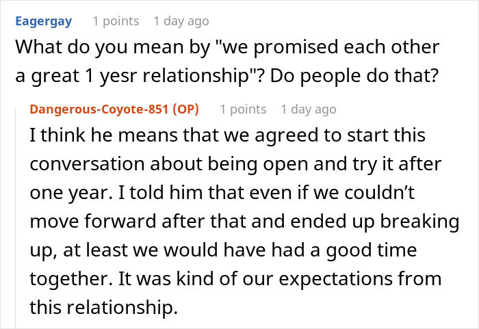 Reddit conversation about relationship expectations and opening up after one year. Reddit conversation about relationship expectations and opening up after one year.