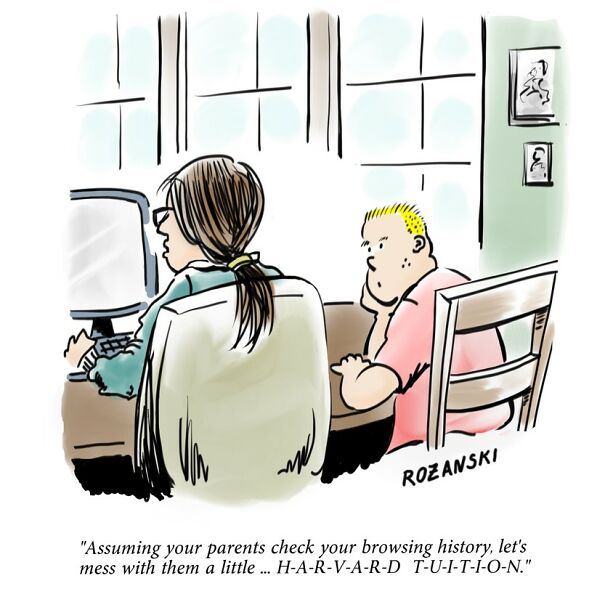 A humorous cartoon shows two kids at a computer, plotting to manipulate browsing history.