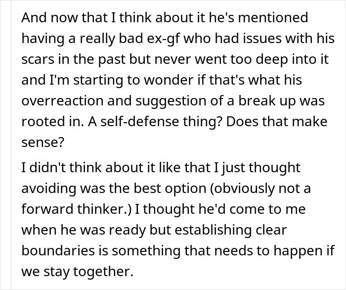 Text discussing assumptions of breakup after boyfriend reacted to burn scars. Text discussing assumptions of breakup after boyfriend reacted to burn scars.