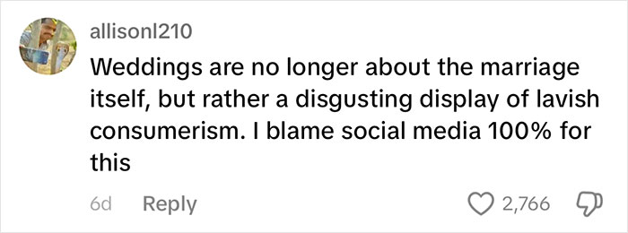 Social media criticized in a comment for turning weddings into lavish consumerism displays; 2,766 likes. Social media criticized in a comment for turning weddings into lavish consumerism displays; 2,766 likes.