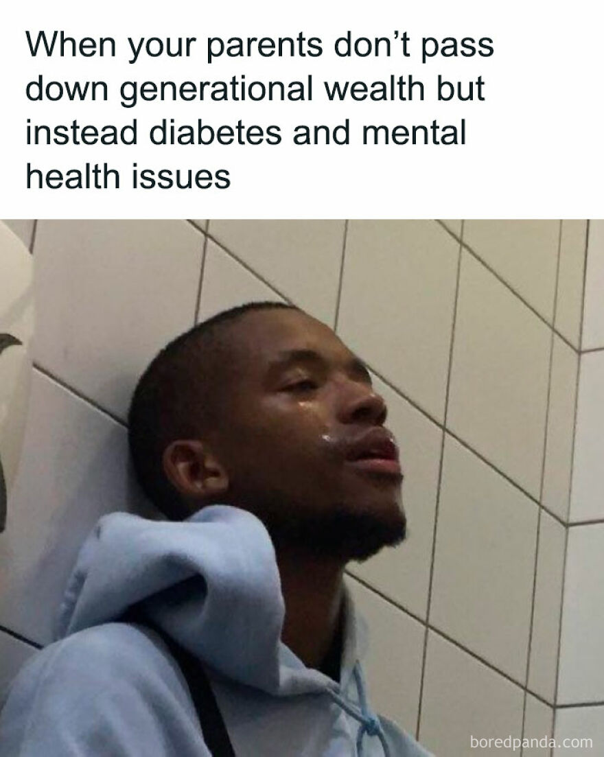 A person in a hoodie looking exhausted, capturing the humor of unexpected generational issues.