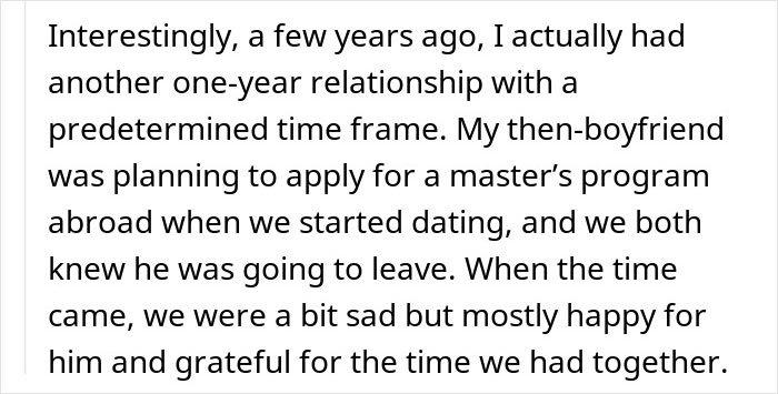 Text about predetermined relationship ending due to one partner's plan to study abroad. Text about predetermined relationship ending due to one partner's plan to study abroad.