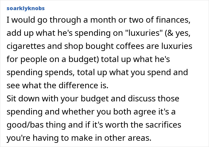Text discussing budgeting issues about husband spending money on lunch and coffee as luxuries. Text discussing budgeting issues about husband spending money on lunch and coffee as luxuries.