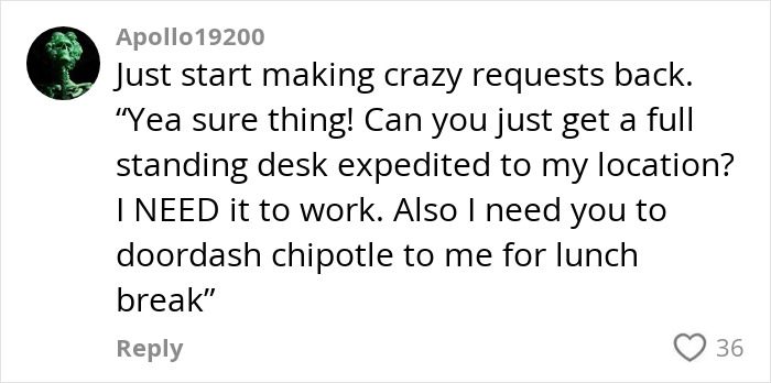 Comment on a boss's unreasonable requests, suggesting standing desk delivery and lunch order while on vacation. Comment on a boss's unreasonable requests, suggesting standing desk delivery and lunch order while on vacation.