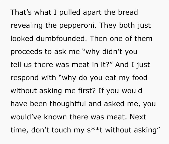 Text about stuffed cheese bread with meat, roommates ask why not told about meat, discussion on eating without asking. Text about stuffed cheese bread with meat, roommates ask why not told about meat, discussion on eating without asking.