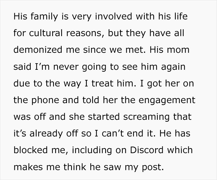 Text message describing a woman being gaslighted about an engagement and losing contact with a man and his mom. Text message describing a woman being gaslighted about an engagement and losing contact with a man and his mom.