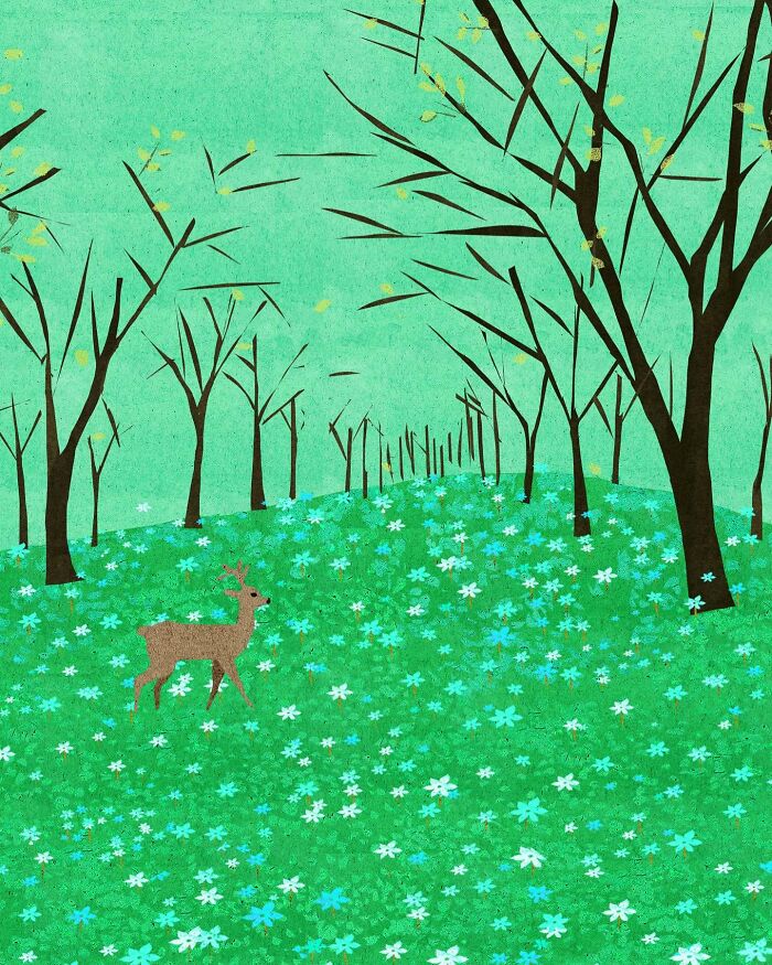 Serene illustration of a deer in a flower-filled forest by a Vietnamese artist, evoking solitude.