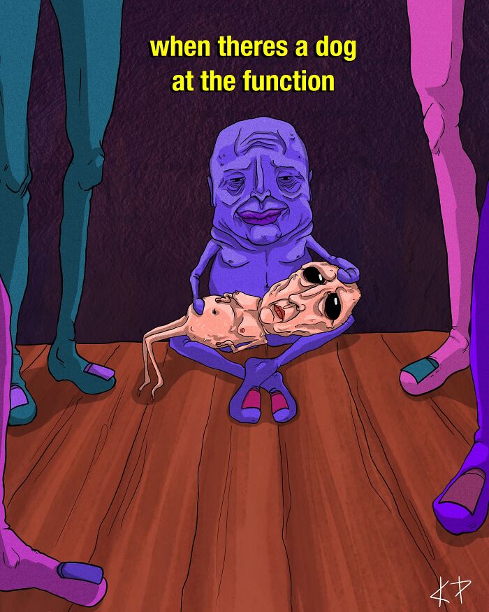 Uncomfortable funny illustration of a purple creature holding a distorted dog at a party, by Kissing Party.