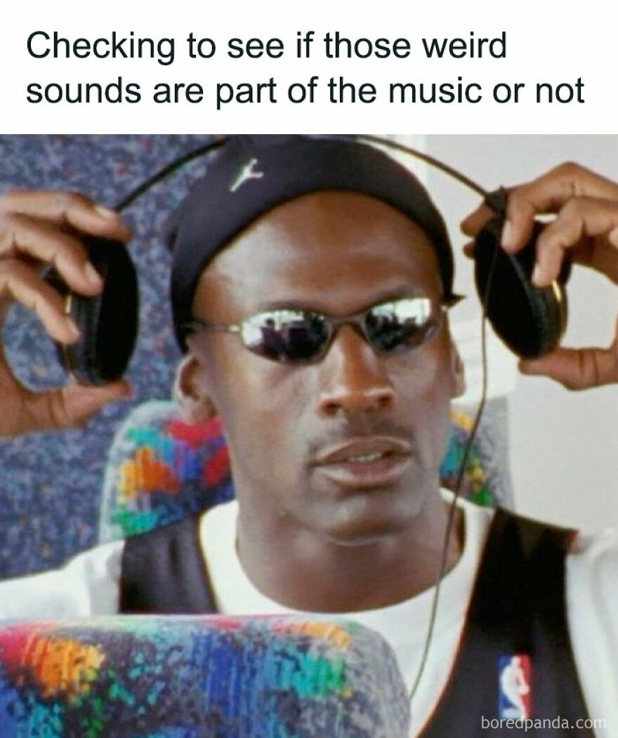 A man wearing headphones and sunglasses with a puzzled expression; meme text about weird sounds in music.