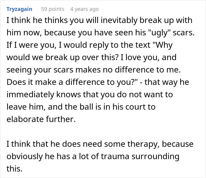 Discussion on handling anxiety after a boyfriend sees burn scars, emphasizing reassurance and understanding in relationships. Discussion on handling anxiety after a boyfriend sees burn scars, emphasizing reassurance and understanding in relationships.