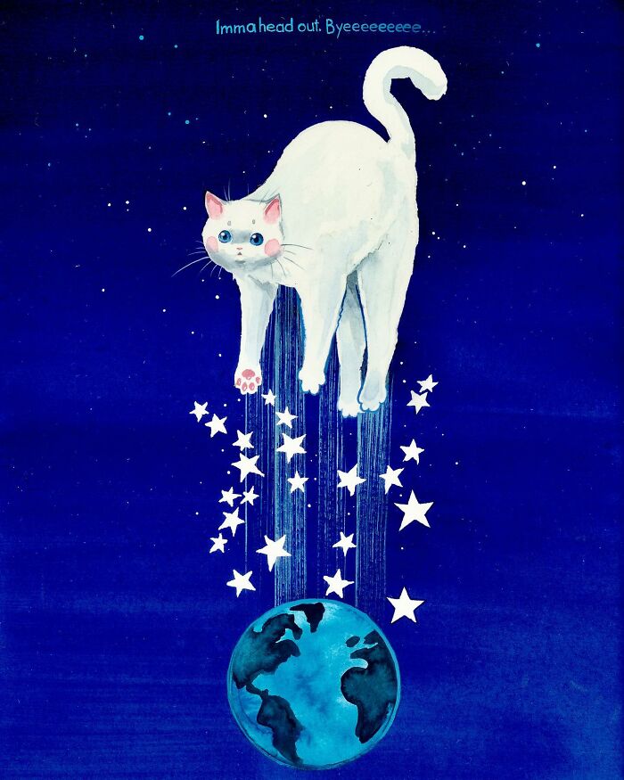 Dream-like painting of a whimsical cat floating above Earth with stars, against a deep blue background.