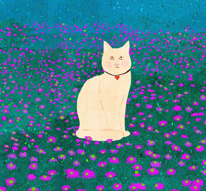 Illustration of a serene cat sitting in a field of purple flowers, created by a Vietnamese artist.