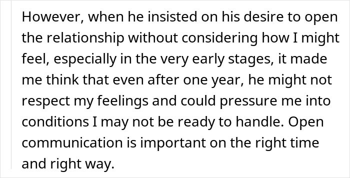 Text about a partner insisting on opening a relationship and concerns about respect and communication. Text about a partner insisting on opening a relationship and concerns about respect and communication.