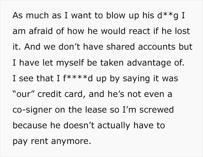 Text discussing a man and his mom gaslighting a woman about financial control and shared credit card issues. Text discussing a man and his mom gaslighting a woman about financial control and shared credit card issues.