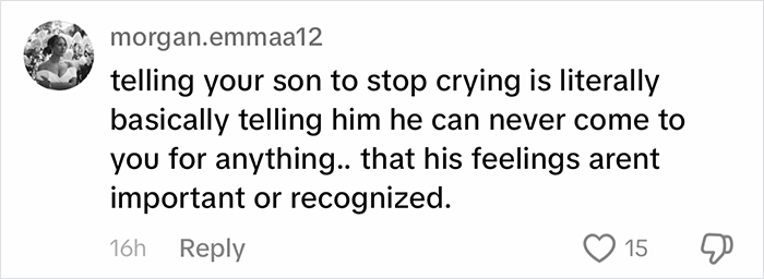 Comment on parenting, emphasizing emotional guidance over the phrase “big boys don't cry.” Comment on parenting, emphasizing emotional guidance over the phrase “big boys don't cry.”