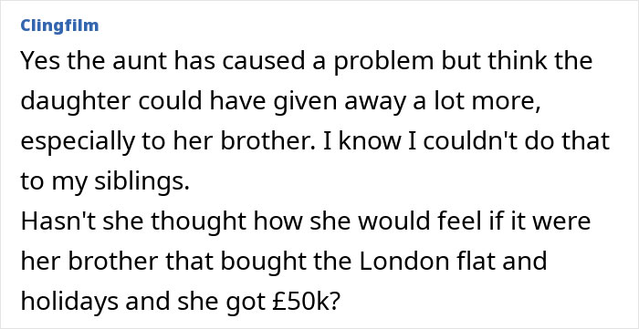 Comment discussing an aunt's inheritance causing family conflict. Comment discussing an aunt's inheritance causing family conflict.
