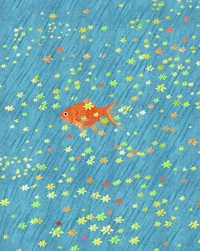Illustration of a fish swimming in blue water among colorful flowers, conveying solitude by a Vietnamese artist.