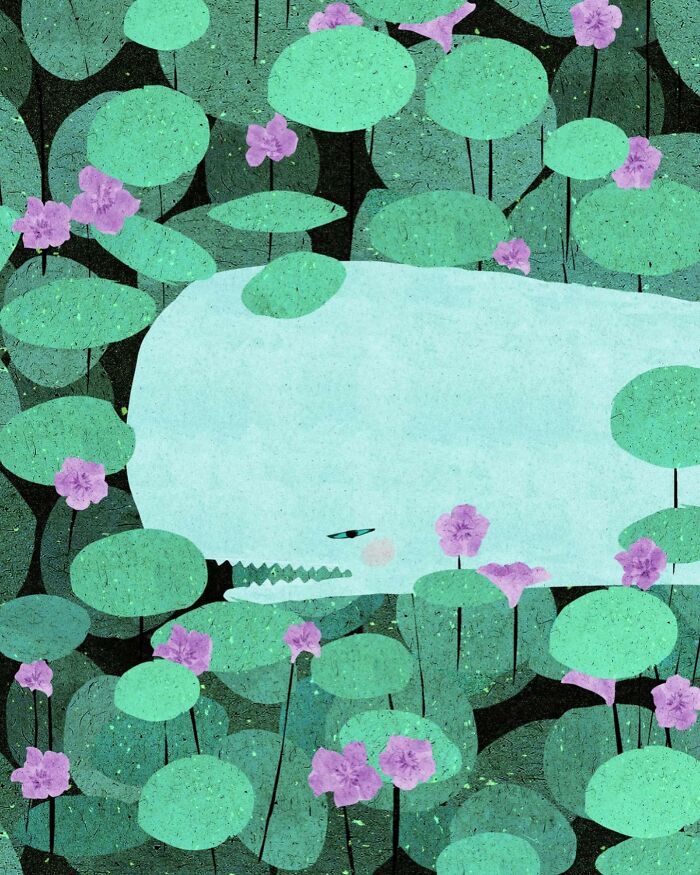 Serene illustration by Vietnamese artist depicting greenery and purple flowers evoking solitude.