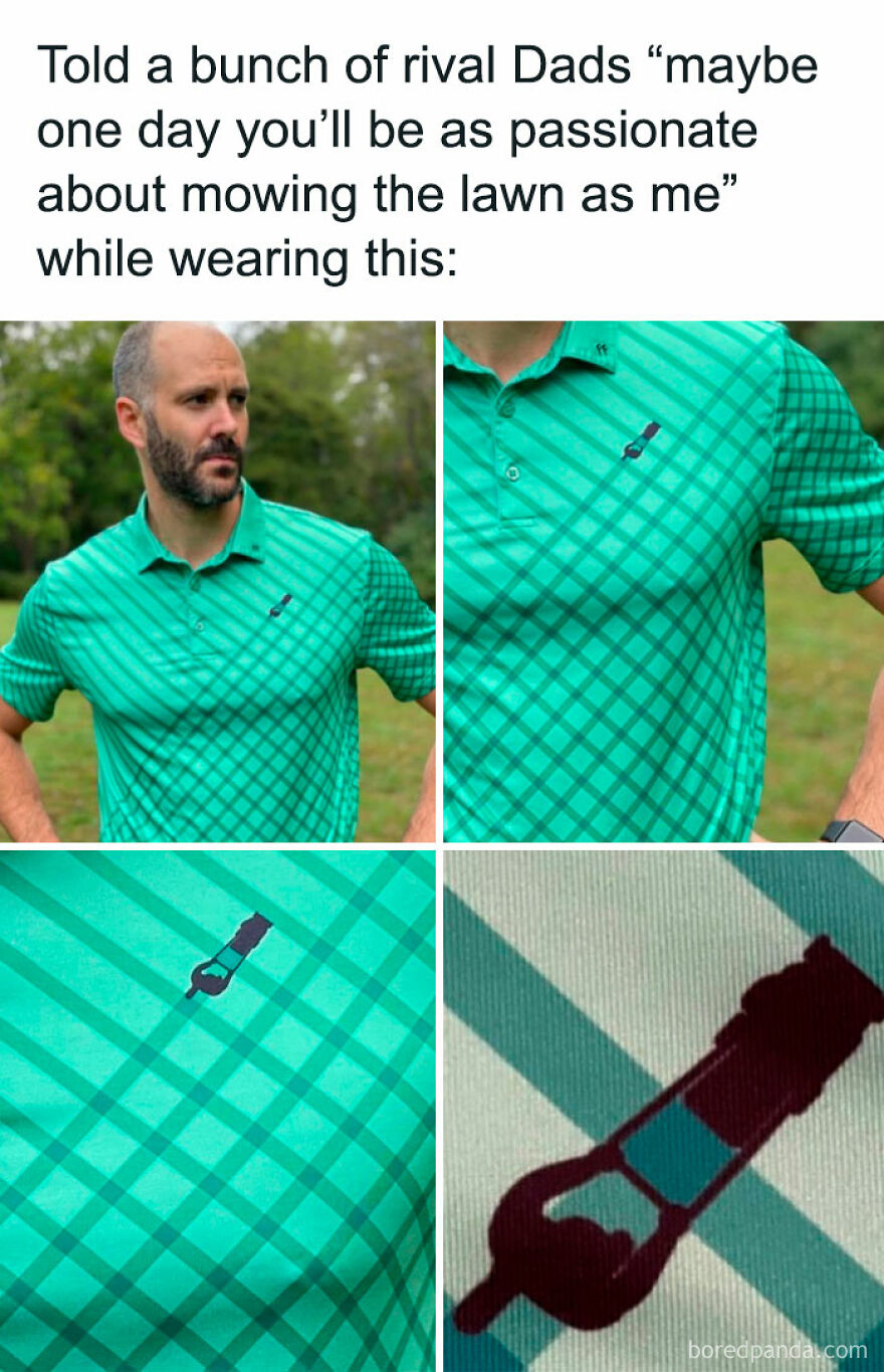 Man in green checkered shirt with lawn mower pattern, posing humorously outside.