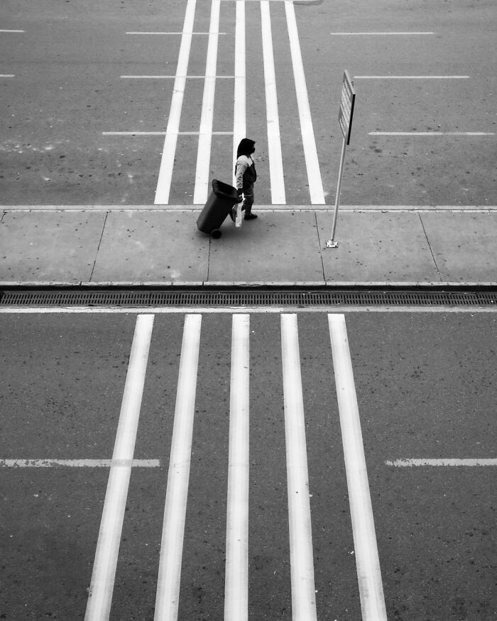 Black and white photo of street life: a person walks on a sidewalk pulling a trash bin, crossing zebra lines.