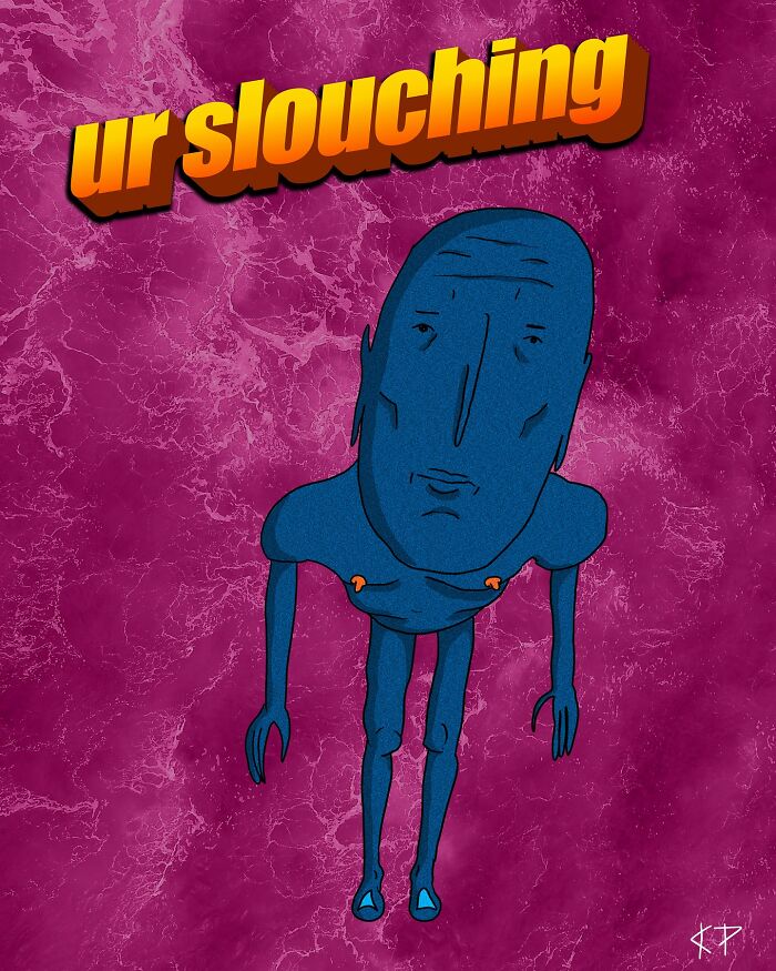 Humorous illustration by Kissing Party of a blue figure slouching, set against a textured pink background.