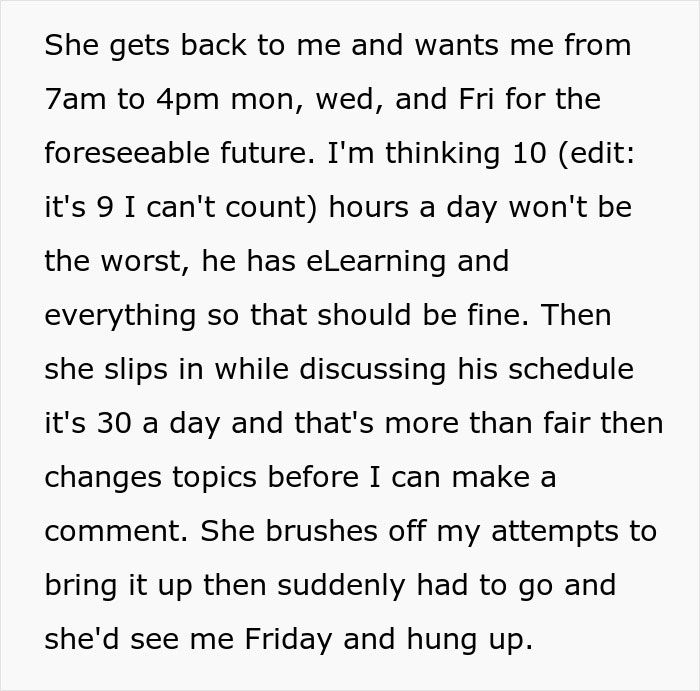 Text conversation about babysitting job details, discussing hours and pay. Woman offered $30 for nine-hour shifts, negotiates terms. Text conversation about babysitting job details, discussing hours and pay. Woman offered $30 for nine-hour shifts, negotiates terms.