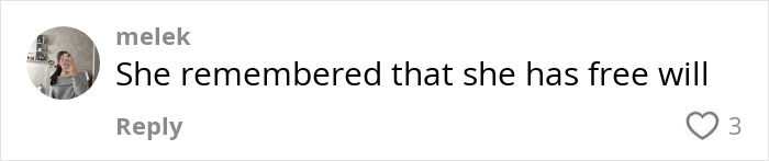 Comment on woman's viral sewage sea foam stunt, "She remembered that she has free will," with a heart icon and 3 likes. Comment on woman's viral sewage sea foam stunt, "She remembered that she has free will," with a heart icon and 3 likes.