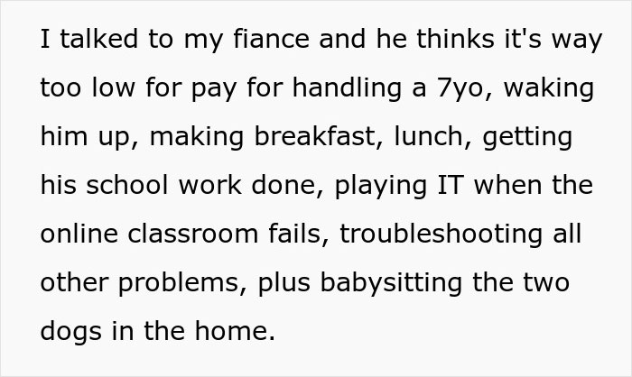 Text discussing low pay for babysitting includes tasks like caring for a child and dogs, and handling schoolwork issues. Text discussing low pay for babysitting includes tasks like caring for a child and dogs, and handling schoolwork issues.