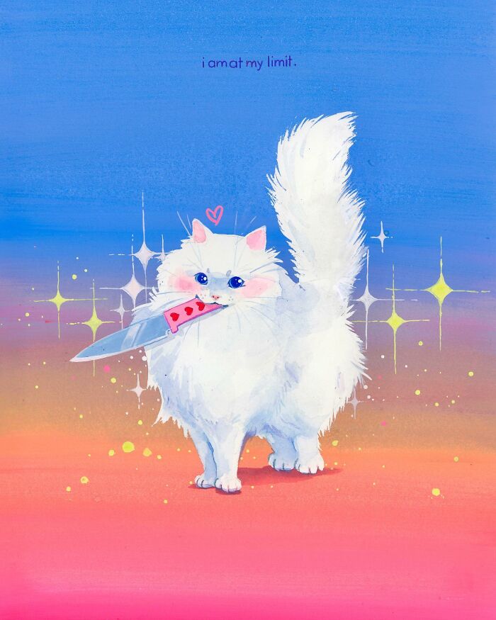 Dream-like painting of a fluffy cat with a knife in its mouth, set against a colorful background.