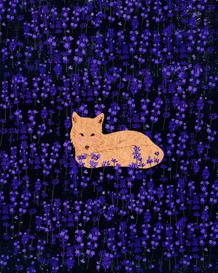 A serene illustration of a fox resting in a field of purple flowers, exuding solitude, by a Vietnamese artist.