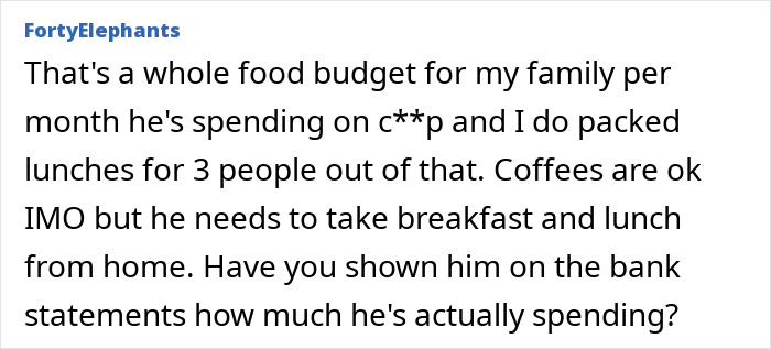 Text expressing concern over husband spending money on lunch and coffee instead of saving by eating home-packed meals. Text expressing concern over husband spending money on lunch and coffee instead of saving by eating home-packed meals.