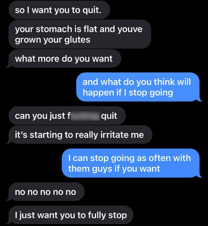 Text conversation about a woman's gym routine causing issues, highlighting the boyfriend's problem with her dedication. Text conversation about a woman's gym routine causing issues, highlighting the boyfriend's problem with her dedication.