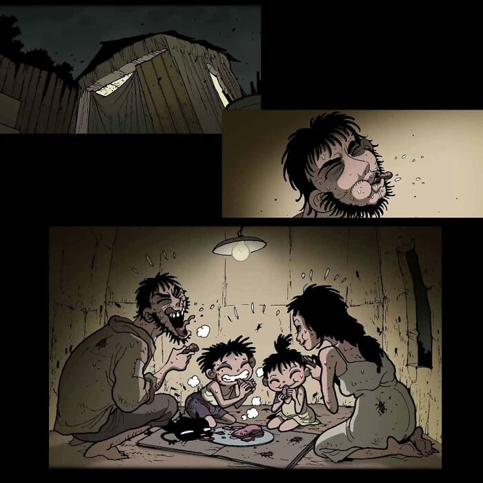 A chilling scene from DarkBox Comics showing a family in a dimly lit room, evoking a haunting atmosphere. A chilling scene from DarkBox Comics showing a family in a dimly lit room, evoking a haunting atmosphere.